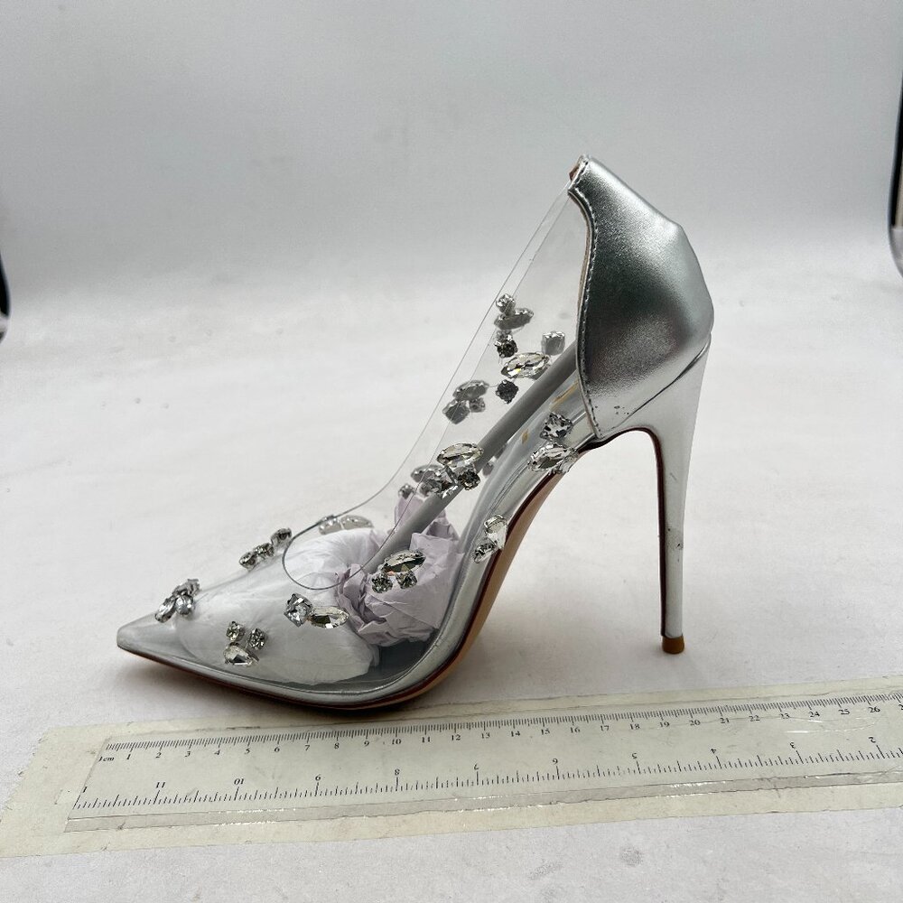 FSJ Silver Crystal Studded Pointed Toe Transparent Pumps High Heels Shoes